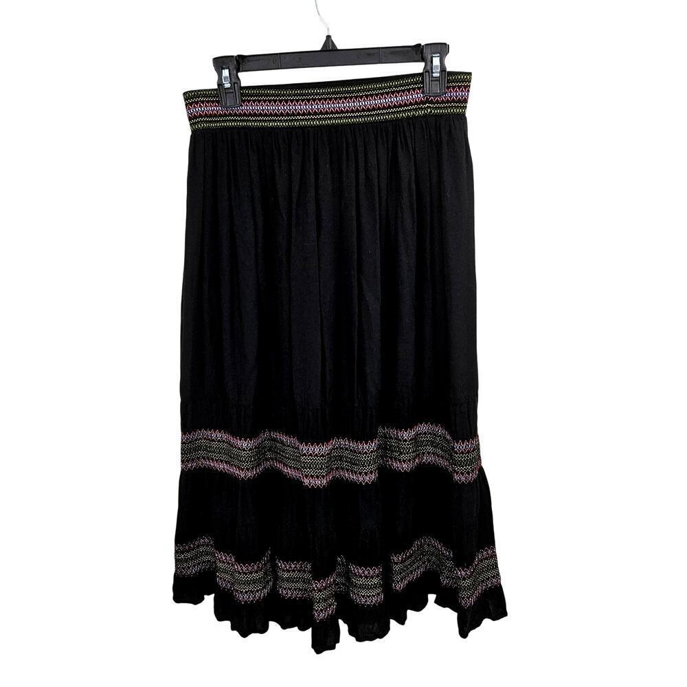 LINDA ANDERSON Boho Peasant Embroidered Tiered Maxi Skirt Black Size Small